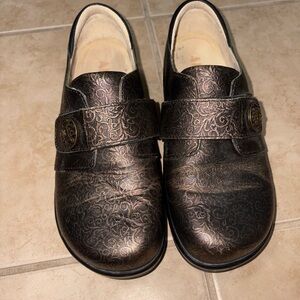 Alegria Bronze Floral Embossed Leather Clog Mules